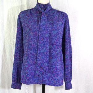 VTG 70's PENDELTON Purple Leaf Print Pussy Bow Button Down Blouse